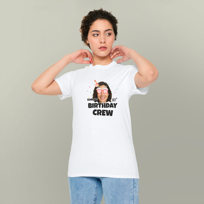 model wearing white t-shirt with personalised birthday crew photo design
