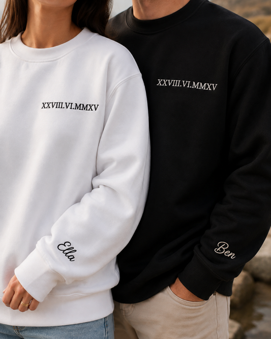 heather grey sweatshirt with roman numeral date embroidery on chest and sleeve name personalisation