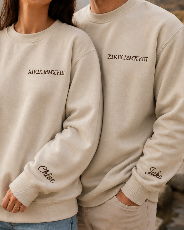 navy sweatshirt with embroidered anniversary date and initials for couples gift