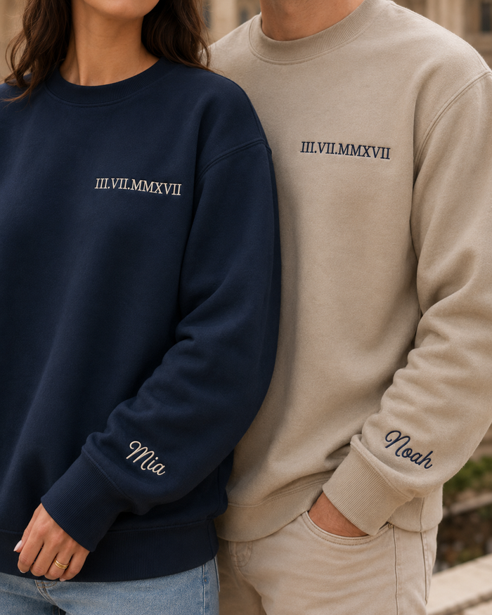 forest green sweatshirt showing embroidered date personalisation on front and sleeve
