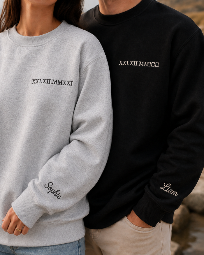 burgundy sweatshirt with roman numeral date and embroidered name sleeve detail for anniversary