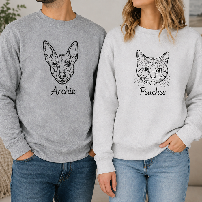 charcoal sweatshirt showing multiple embroidered pet portrait design variations