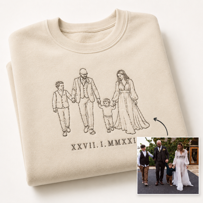 grey sweatshirt with personalised photo outline embroidery design and roman numeral date