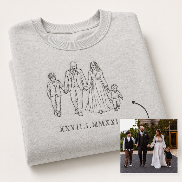 close-up of embroidered outline portrait on chest of personalised sweatshirt