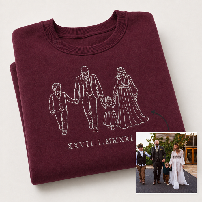couple wearing matching personalised photo outline embroidered sweatshirts