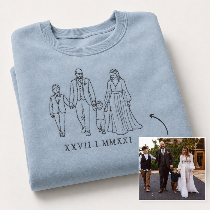 family wearing matching personalised sweatshirts with embroidered photo outlines