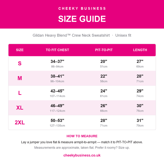 Size guide for Gildan Heavy Blend Sweatshirt (S–2XL)