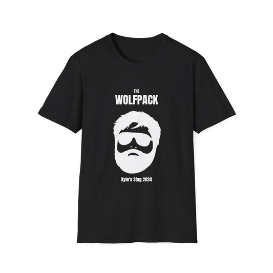 black t-shirt with personalised wolfpack stag design and custom name date print