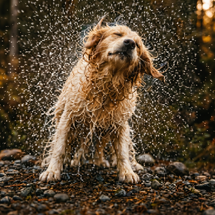 Rustic Strength, Dog shaking water off after a bath