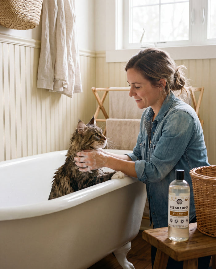 Rustic Strength, Woman bathing a cat in a tub using Pet Shampoo