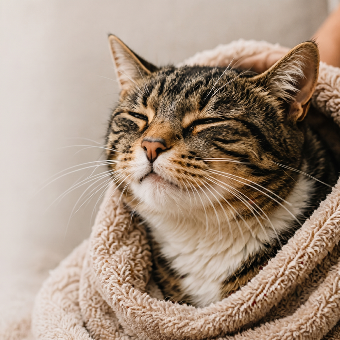 Rustic Strength, Cozy Cat wrapped in a towel