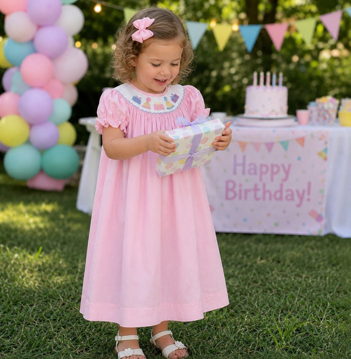 Pink Birthday Smocked Bishop Dress