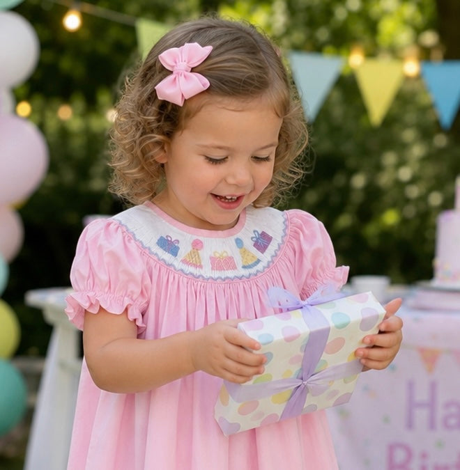 Pink Birthday Smocked Bishop Dress