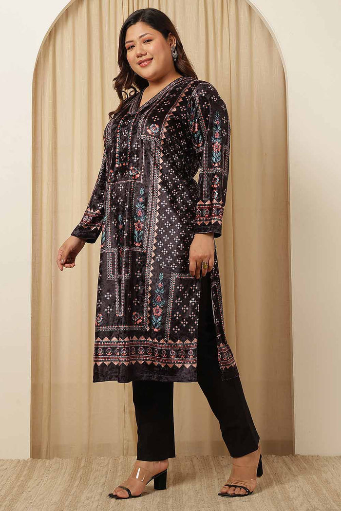 Plus Size Black Ethnic Panel Velvet Kurta
