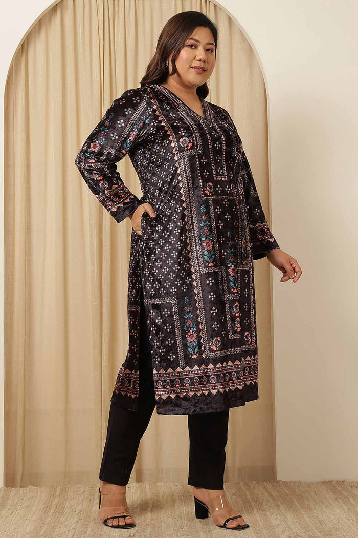 Plus Size Black Ethnic Panel Velvet Kurta