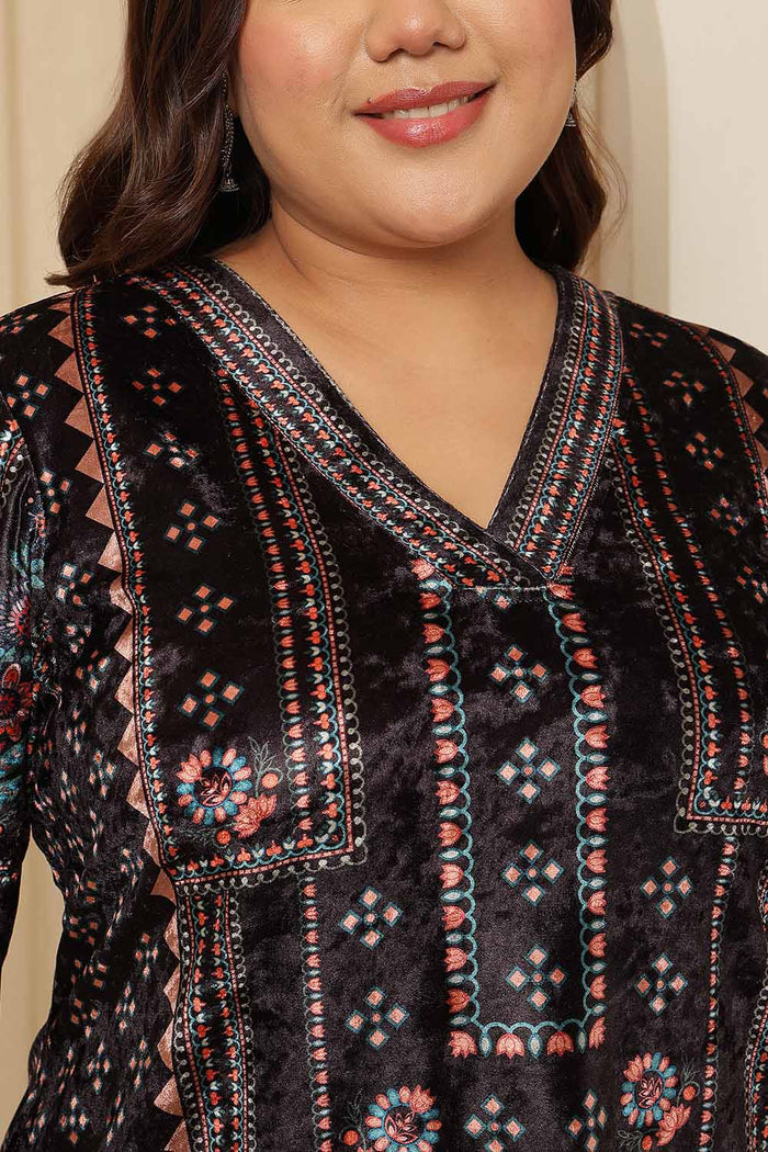 Plus Size Black Ethnic Panel Velvet Kurta