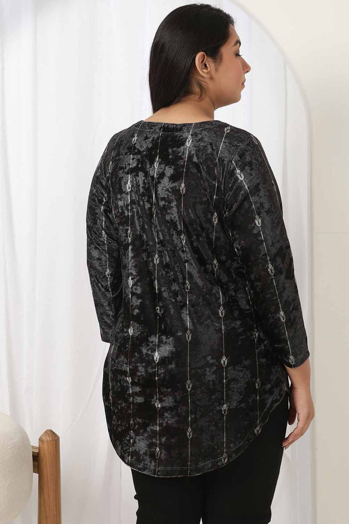 Plus Size Black Printed Velvet V Neck Top