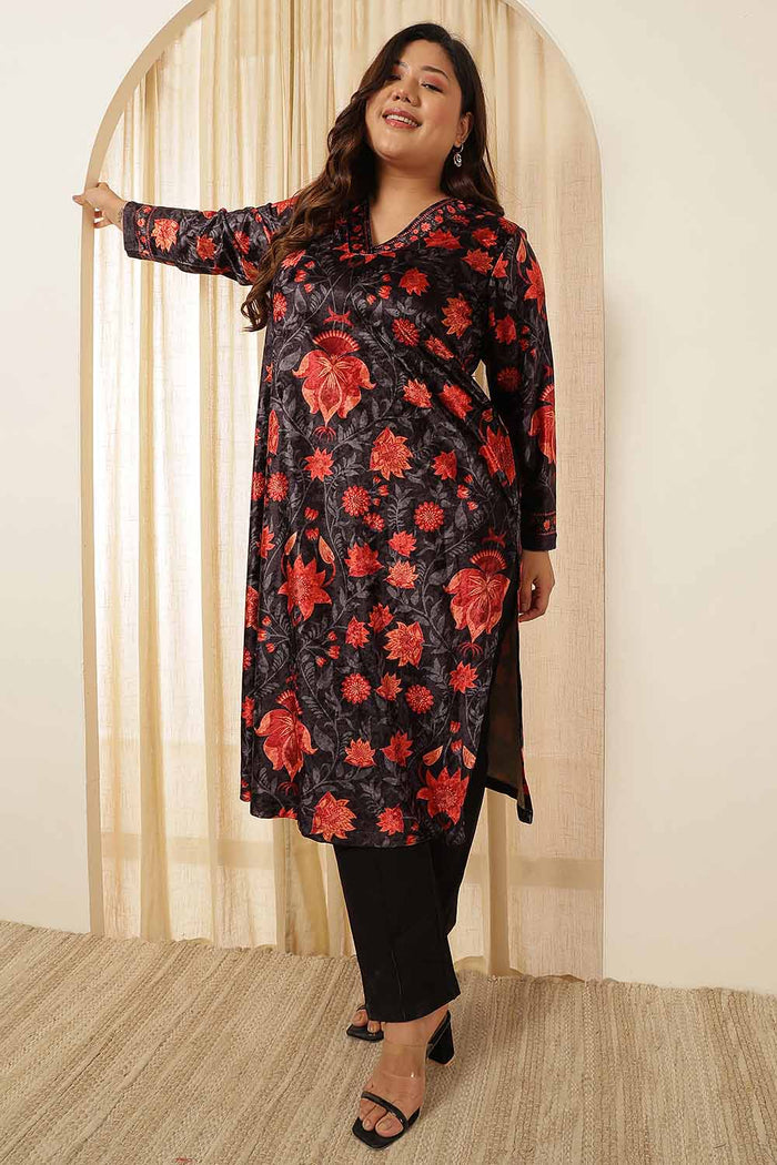 Plus Size Black Red Floral Velvet Kurta