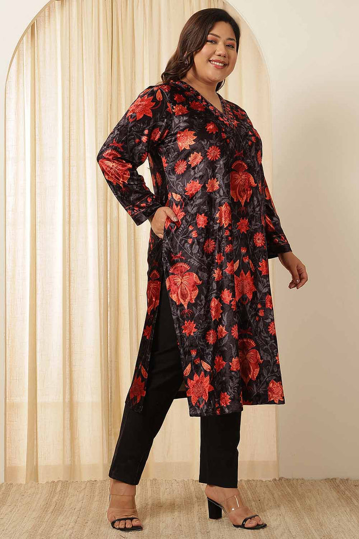 Plus Size Black Red Floral Velvet Kurta