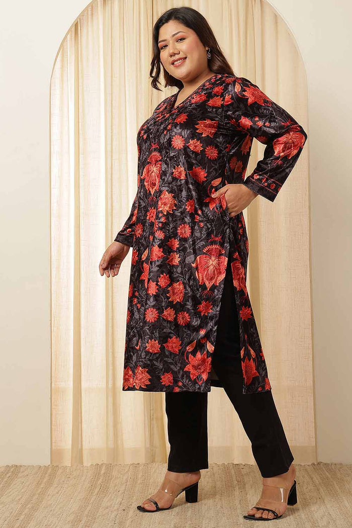 Plus Size Black Red Floral Velvet Kurta