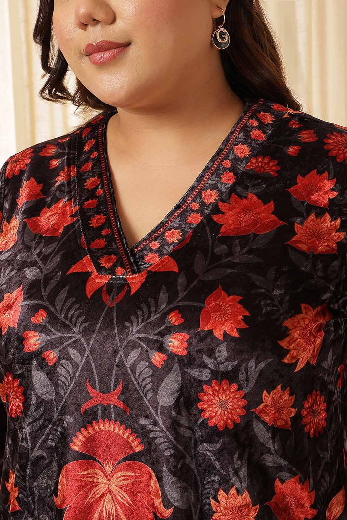 Plus Size Black Red Floral Velvet Kurta