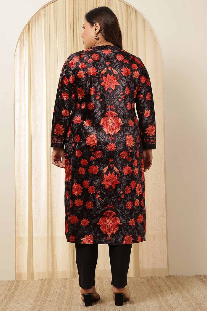 Plus Size Black Red Floral Velvet Kurta