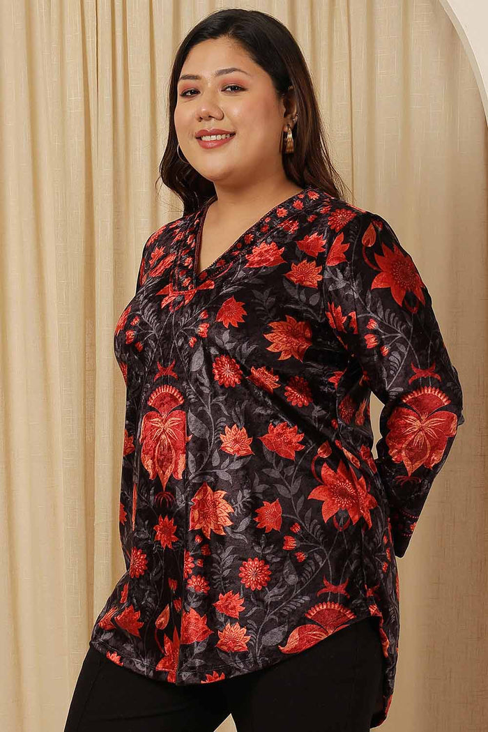 Plus Size Black Red Floral Velvet Top