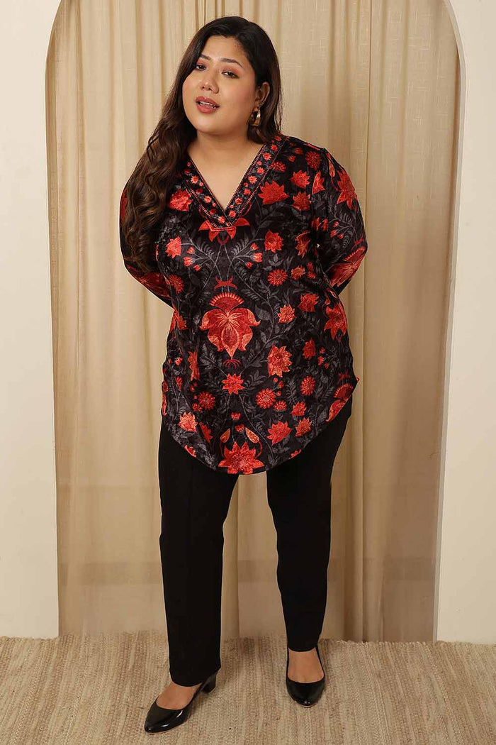 Plus Size Black Red Floral Velvet Top