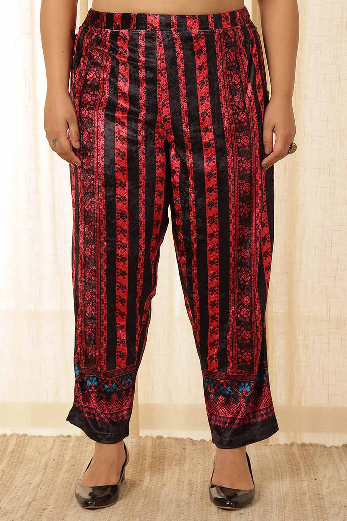 Plus Size Black Red Printed Velvet Coord Set