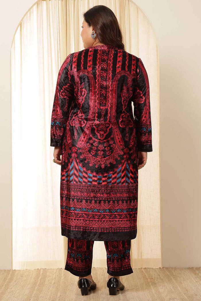 Plus Size Black Red Printed Velvet Coord Set