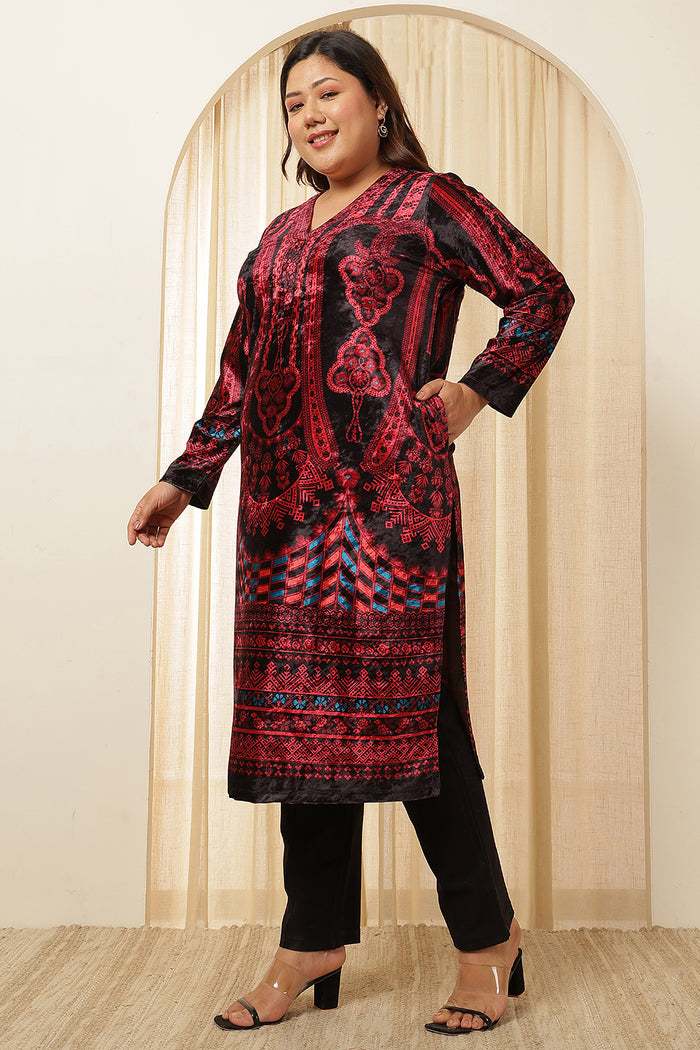 Plus Size Black Red Velvet Kurta