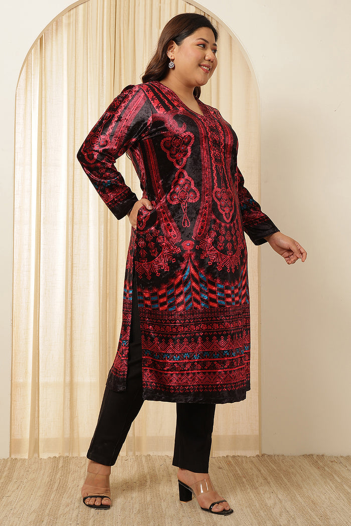 Plus Size Black Red Velvet Kurta