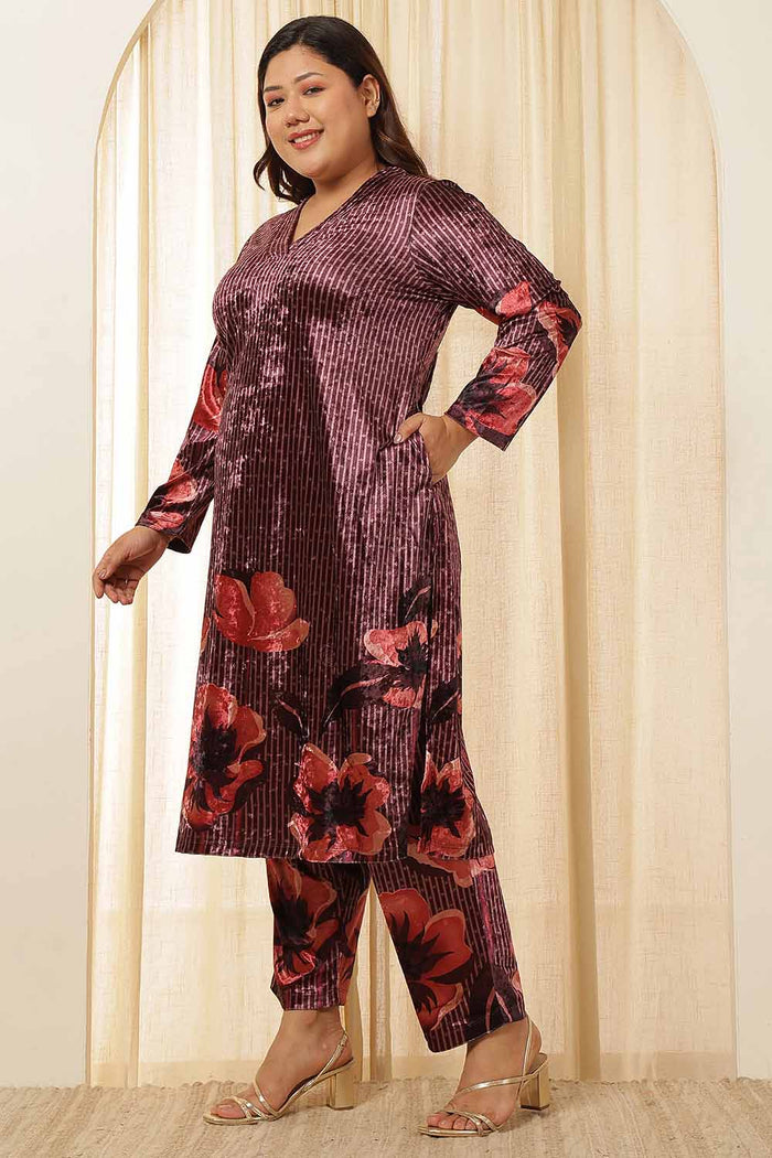 Plus Size Purple Floral Border Velvet Coord Set