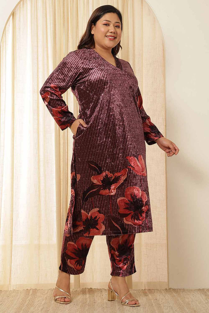 Plus Size Purple Floral Border Velvet Coord Set