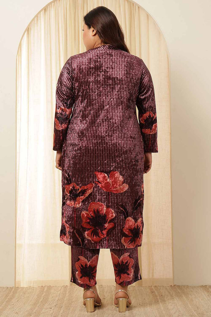 Plus Size Purple Floral Border Velvet Coord Set