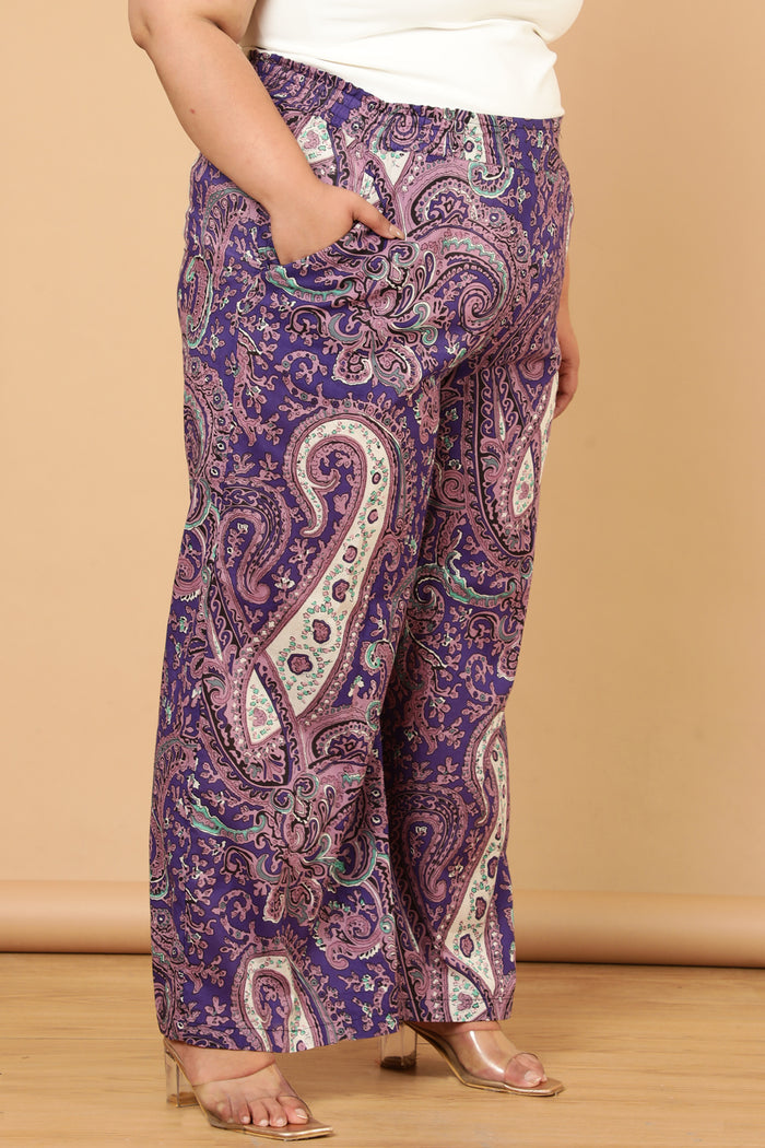Plus Size Purple Paisley Print Cotton High Waist Pants