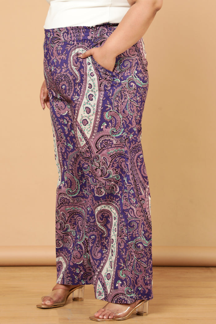 Plus Size Purple Paisley Print Cotton High Waist Pants