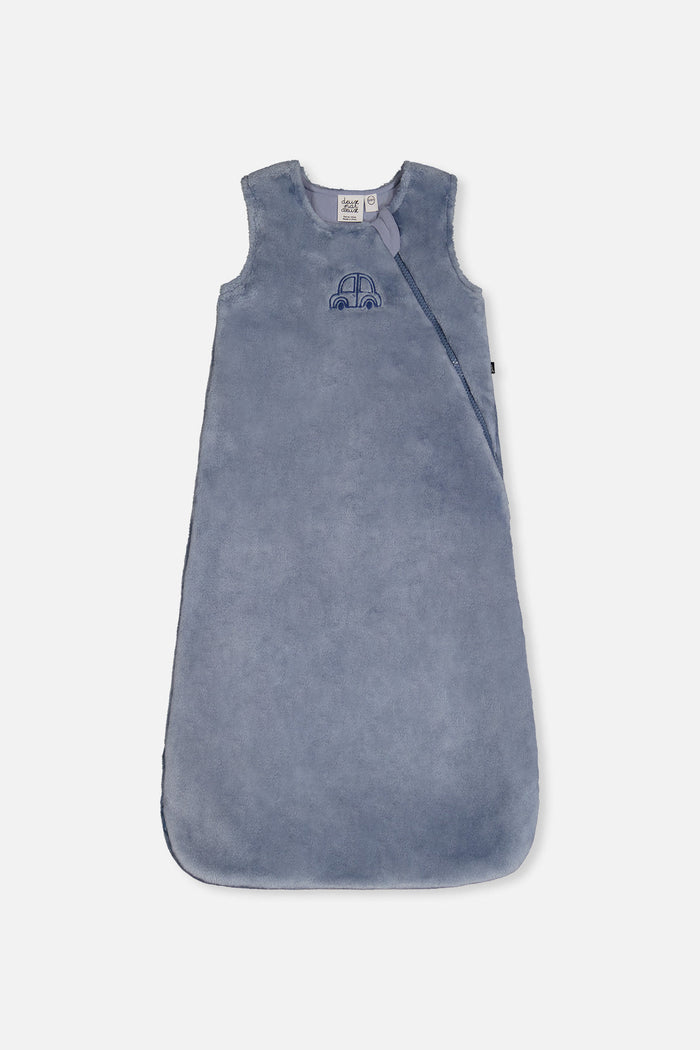 Deux par Deux plush baby sleep sack in sky blue with car embroidery, main view