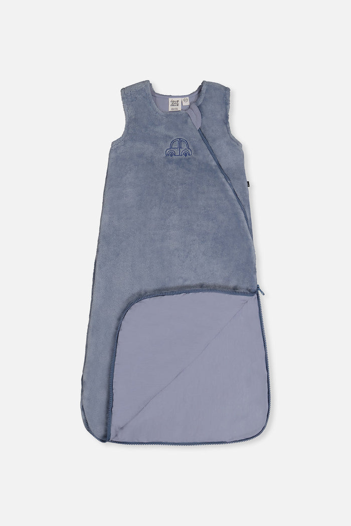 Deux par Deux plush baby sleep sack in sky blue with car embroidery, product view 3