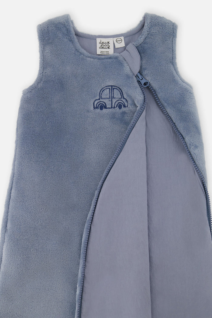 Deux par Deux plush baby sleep sack in sky blue with car embroidery, product view 4