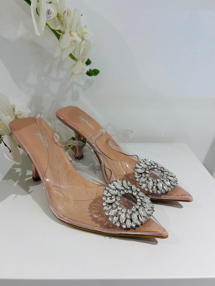 Pointed Clear Toe Nude Diamante Circle Heels