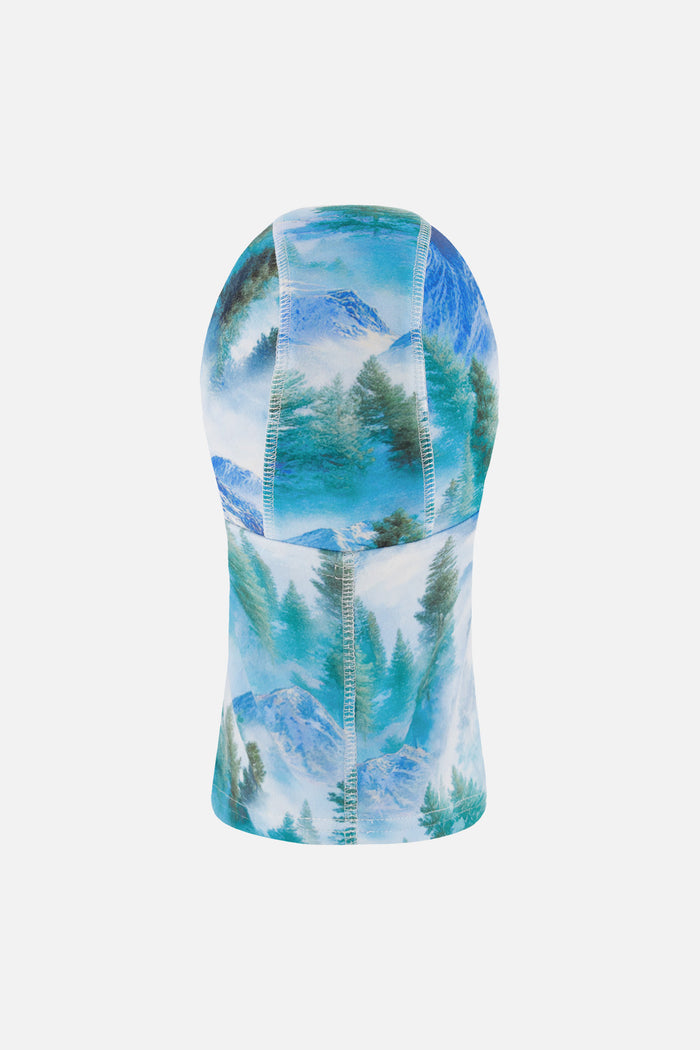 Deux par Deux boys' polar fleece balaclava in blue mountain print – back view