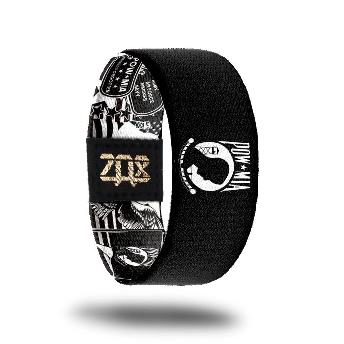 product image of the inside of a wristband design for POW MIA showing different military emblems