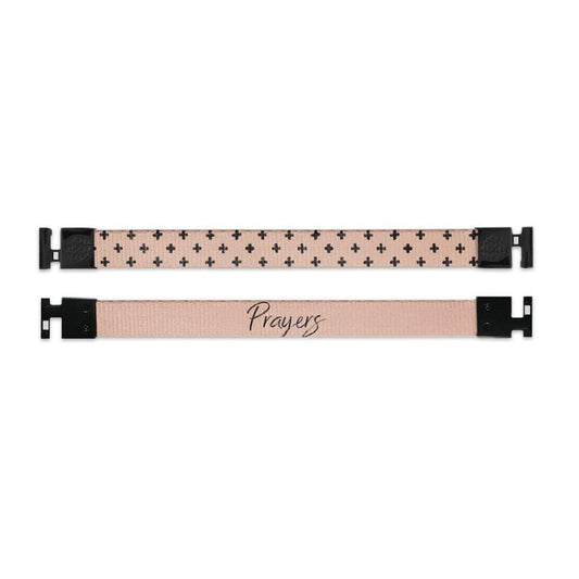 Shows outside and inside design for Prayers imperial with black aglet clasps. Top is the outside design, a tan background with small plus sign symbols patterned across. Bottom is the inside design with a tan background and Preyers centered in black text
