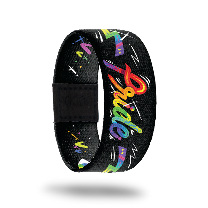 Outside design for Pride. Black background with Pride in bold and rainbow colored text in the center. Two rainbow colored drawn lighting bolts on either side of the text