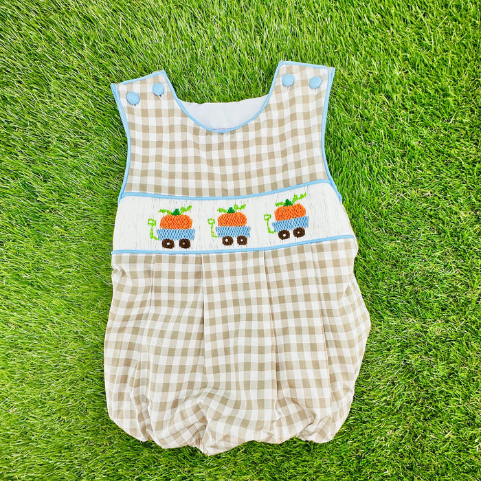 Pumpkin Smocked Boy's Bubble in Tan Gingham
