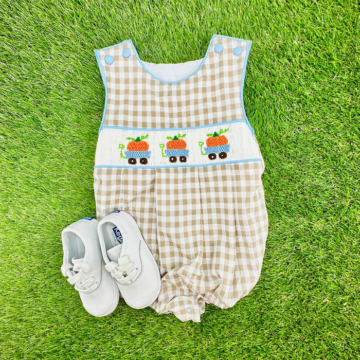 Pumpkin Smocked Boy's Bubble in Tan Gingham