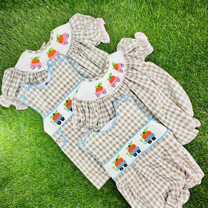 Pumpkin Smocked Boy's Bubble in Tan Gingham