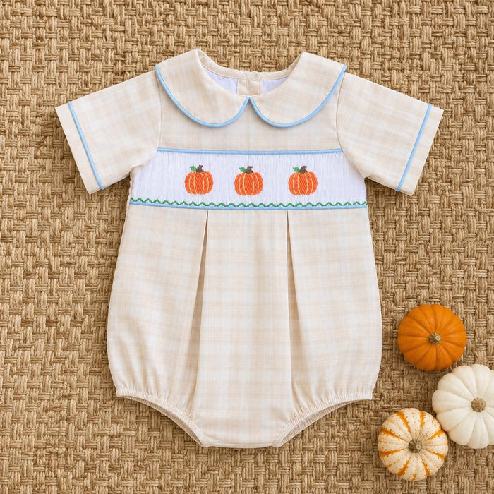 Pumpkin Smocked Boy's Bubble in Tan Plaid