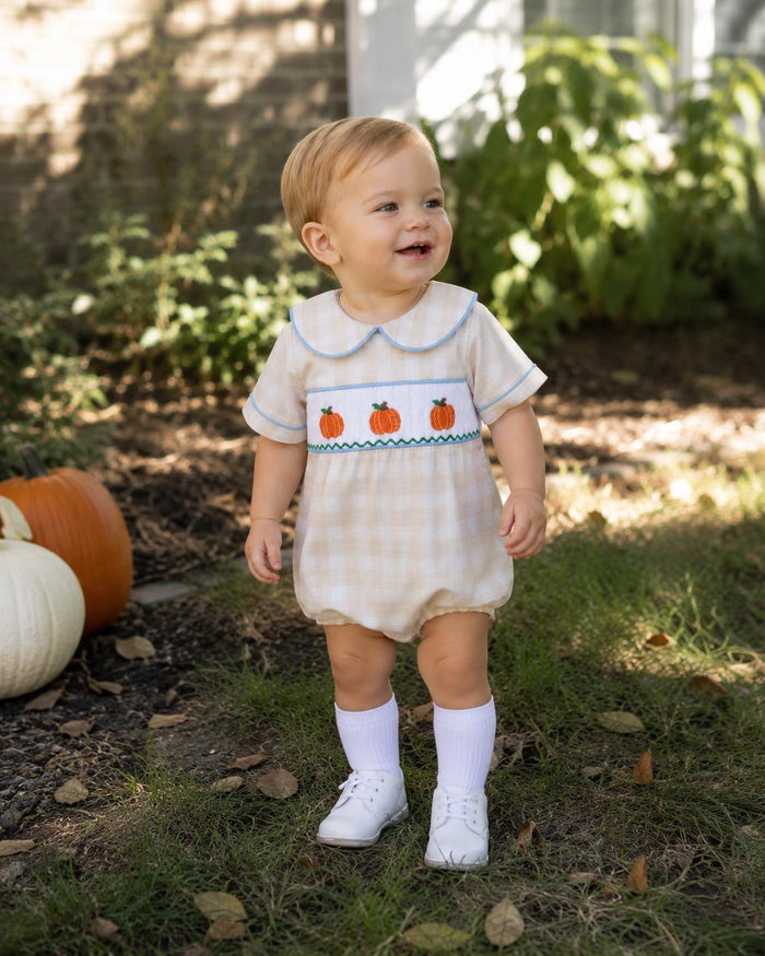 Pumpkin Smocked Boy's Bubble in Tan Plaid